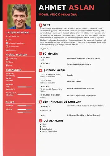 Vinç Operatörü Cv Örnekleri cv indir